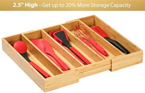 Umilife Expandable Kitchen Drawer Organizer, 2.5" High Bamboo Utensils Silverware Tray, Adjustable Large Deep Wood Organization Holder - Image 5