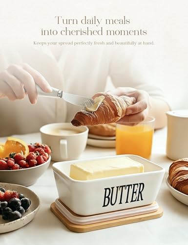Ceramic Butter Dish with Lid and Knife & Silicone Seal for Countertop White - Image 5