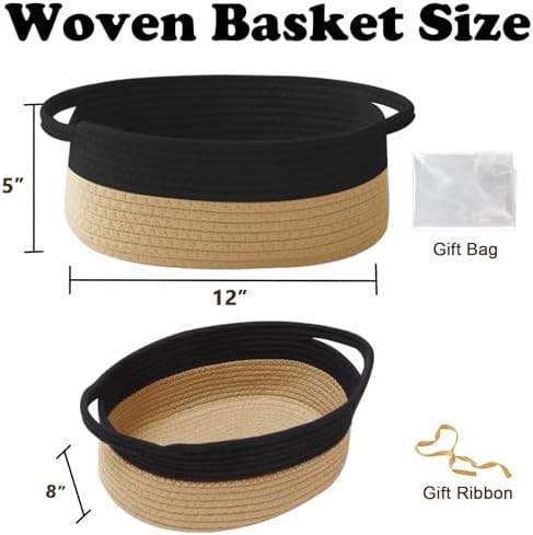 Woven Rope Basket,Baby Gift Basket with Bag & Ribbon, Black&Jute - Image 2
