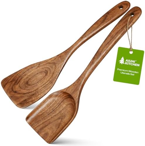 AIUHI 2-Piece Teak Wooden Spatula Set, Wooden Cooking Spatulas for Flipping, Stir-Frying & Serving, Nonstick-Safe Wooden Kitchen Utensils by AIUHI