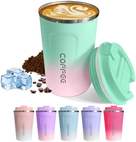 SPLMIFA Travel Coffee Mug Leak-Proof, Reusable Coffee Cups with Lids, Stainless Steel Vacuum Insulated Coffee Tumblers, Thermal Insulation Cup for Men and Women Hot & Cold Drinks(2nd-Green Pink, 17OZ) by SPLMIFA