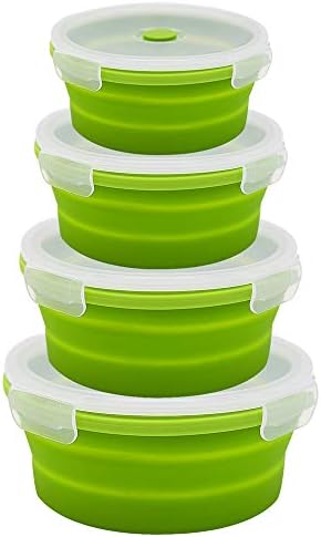 URBEST Collapsible Bowls, Silicone Food Storage Containers with Lids for Camping, Set of 4 Round Silicone Lunch Containers, Microwave and Freezer Safe (greener， 4) by URBEST