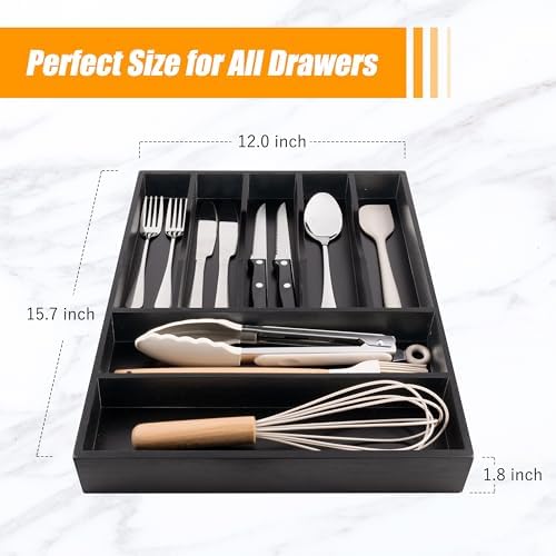 Bellsal Bamboo Silverware Drawer Organizer, Utensil Kitchen Drawer Organizer, Utensil Holder Cutlery Tray with Grooved Drawer Dividers for Kitchen Utensils and Flatware Bedroom Office (7 Slot, Black) - Image 3