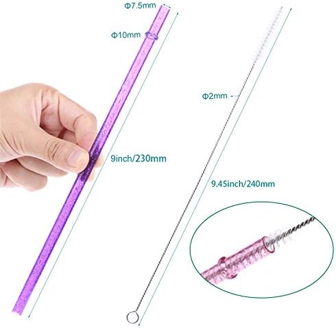 Dakoufish BPA-Free 12 Piece 9 Inch Reusable Clear Plastic Glitter Sparkle Drinking Straw Plus one Cleaning Brush (6color,9inch) - Image 2