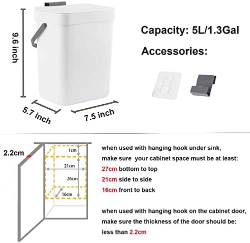 LALASTAR Compost Bin Indoor Kitchen Sealed, Hanging Small Trash Can with Lid Under Sink for Kitchen, Food Waste Bin for Countertop, Mountable Garbage Can for Bathroom, RV, 5L/1.3 Gal, White - Image 6