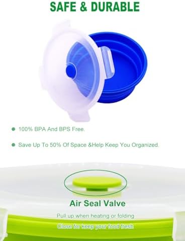 Set of 4 Collapsible Silicone Food Storage Containers With Lids, Round Collapsible Bowls For Kitchen, Microwave, Dishwasher and Freezer Safe, Foldable Meal Prep Bento Lunch Box, BPA Free - Image 5