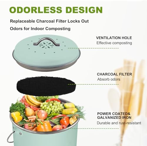 Kitchen Countertop Compost Bin, Odor Resistant Indoor Compost Bin with Lid and Charcoal Filter, Rust Resistant Coated Compost Bucket, Compost Container, Mint - Image 4