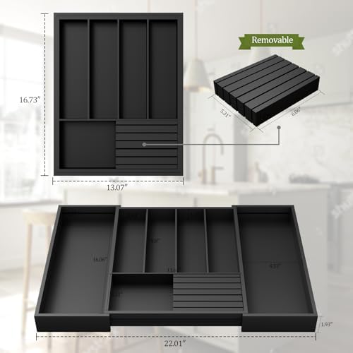 Bamboo Kitchen Silverware Drawer Organizer - Expandable Wood Utensil Holder with Dividers, Luxury Cutlery Storage Tray for Kitchen Utensil and Flatware (5-7 Slots with Removable Knife Block, Black) - Image 6