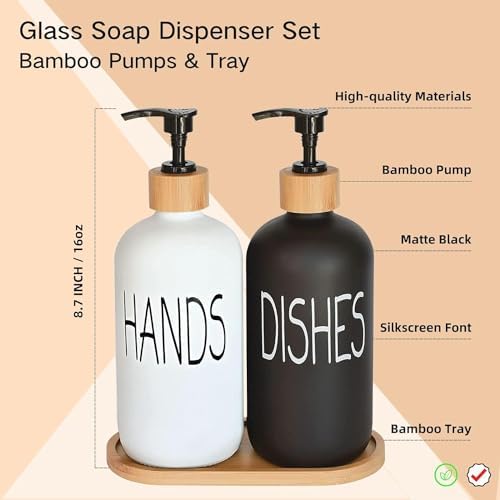 Glass Soap Dispenser Set, Hand Soap and Dish Soap Dispenser with Bamboo Tray. Vintage Soap Dispenser with Pump for Kitchen Drain Outlet and Bathroom. Stylish Permanent Labels (Matte Black&White) - Image 2