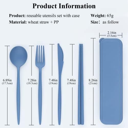 DISSKNIC Reusable Utensils Set with Case, 6 Sets Travel Utensils with Case, Wheat Straw Portable Cutlery Set Chopsticks Knives Fork and Spoon for Lunch Box Accessories - Image 2