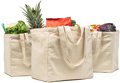 VeraMia Canvas Grocery Bag 3pc XL Set with Real Pockets, Long Shoulder Strap and Short Handle. Heavy Duty, Foldable, Washable by VeraMia
