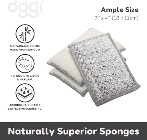 OGGI Bambou Odor-Free Scrubbing Sponges - Natural Scrub Sponges for Dishes, 91% Bamboo-Derived Rayon Cellulose Fiber, Reusable, Absorbent, Durable Scrubbers, Non-Scratch, Washable - 3 pcs, 7x4 - Image 2