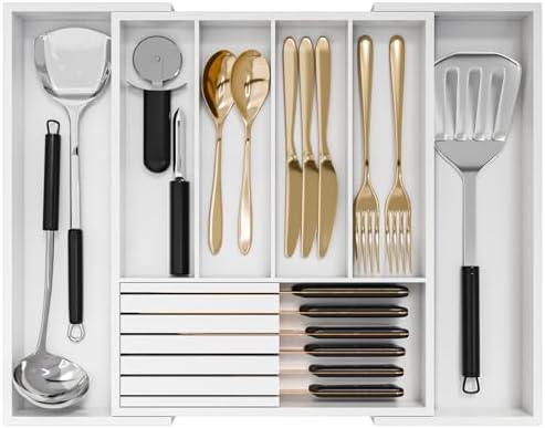 Bamboo Kitchen Silverware Drawer Organizer - Expandable Wood Utensil Holder with Dividers, Luxury Cutlery Storage Tray for Kitchen Utensil and Flatware (5-7 Slots with Removable Knife Block, (White) by Bamfan