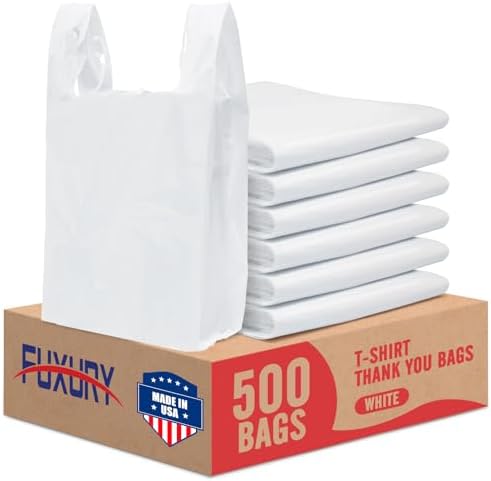 Fuxury 500 Pack Plain White Plastic Bags with Handles for Small Business by Fuxury