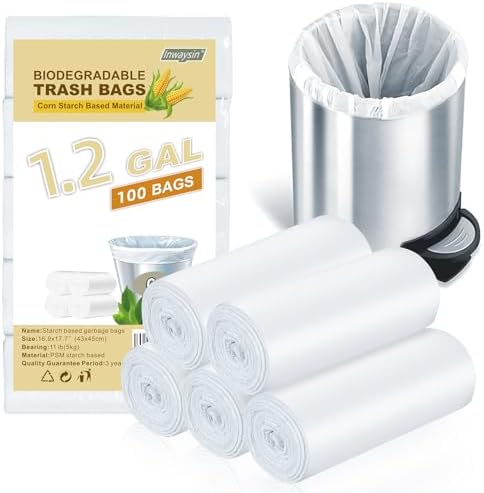 1.2-Gallon Small Trash-Bags Biodegradable Garbage-Bag - Mini Clear White Unscented Bulk 100 Counts Compostable Recycling Liners for Kitchen Bathroom Car Can Wastebasket Inwaysin by Inwaysin