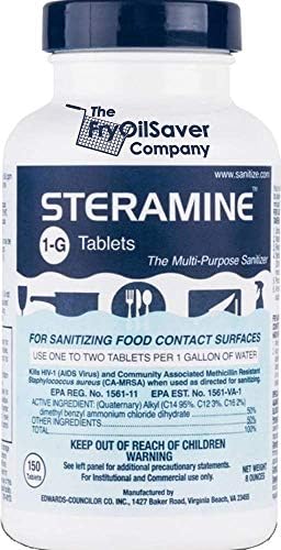 1 Bottle Steramine Sanitizer Tablets - Multi Purpose Sanitizing Tablets for Food Contact Surfaces in Kitchen, Diners, Hotels, Restaurants & Commercial Use by FryOilSaver Co. (150 Count) by THEFRYOILSAVERCOMPANY