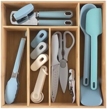 COOK WITH COLOR Bamboo Kitchen Utensil Set with Drawer Organizer | Cooking Tools and Storage Caddy, Blue, 18 Piece Gadget Set by CookwithColor