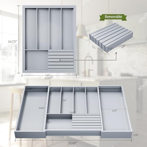 Bamboo Kitchen Silverware Drawer Organizer - Expandable Wood Utensil Holder with Dividers, Luxury Cutlery Storage Tray for Kitchen Utensil and Flatware (5-7 Slots with Removable Knife Block, Grey) - Image 6