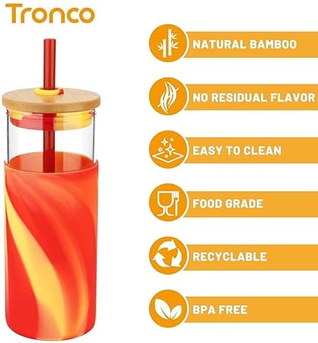 Tronco 20 oz Glass Tumbler with Lids and Straws, Reusable Iced Coffee Cups - Image 4