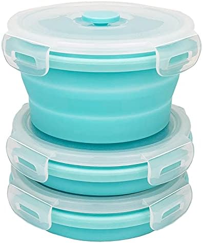 CCyanzi 3piece Round Collapsible Bowl with Lids, Silicone Food Storage Containers, Microwave & Freezer Safe, Space Saving for Kitchen Cabinet and Camping Backpack,(Blue) by CCyanzi