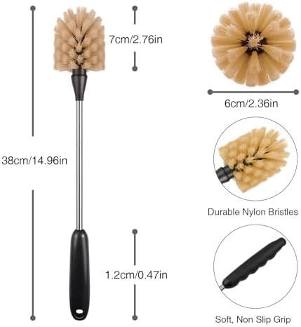 Bottle Brush,15-inch Long, Bottle Brush Cleaner, Bottle Scrubber, Kitchen Scrub Brush Suitable for Water Bottles, Cups, Glasses, Baby Bottles, Wine Glasses, (2, Brown) - Image 3