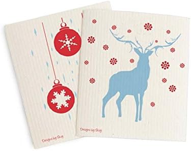 Skoy Cloth - 2-Pack Eco-Friendly & Reusable Swedish Dishcloth, for Kitchen & Household Use, Plastic-Free Packaging, Dishwasher Safe, Designer Series – Reindeer/Ornaments, White Skoy Cloth by Skoy