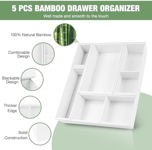 Bamboo Drawer Organizer,5 PCS White Bathroom Tray&Desk Organizers and Storage,Cabinet Divider With Removable Silverware Organization for Kitchen,Utensils,Junk,Office,Makeup - Image 3