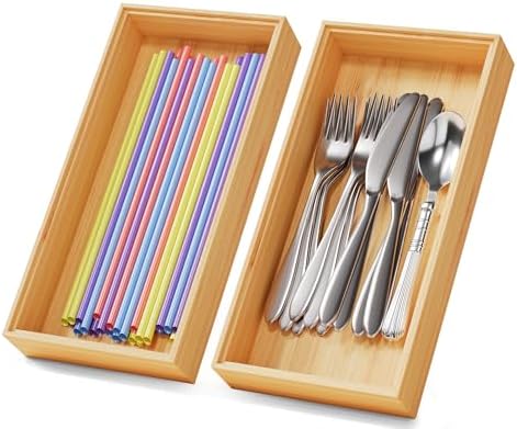 Bamboo Kitchen Drawer Organizer Boxes 12" x 6" Stackable Wooden Organizers by LOCHANTIE