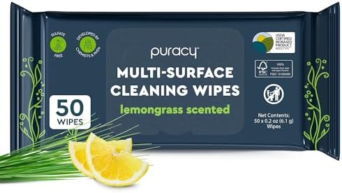 Puracy All Purpose Cleaning Wipes – Non Toxic Multi-Surface Cleaner & Appliance Wipes for Car, Bathroom, Kitchen – Lemongrass Scent (50 Count, 1 Pack) by Puracy