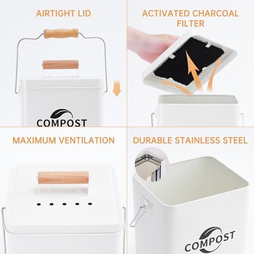 Kitchen Compost Bin, 1.7 Gallon Countertop Compost Bin with Lid and Charcoal Filter, Kitchen Composter for Food Waste, Rust Proof Indoor Bucket, White - Image 5
