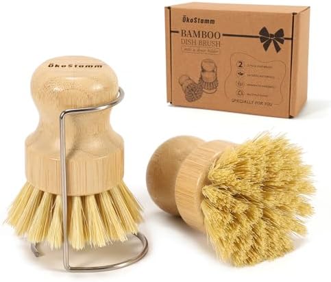 2 Pack Bamboo Dish Brush with Drain Holder - Natural Scrub Brush for Dish with Sisal Bristle, Wooden Dish Scrubber for Kitchen Cleaning Dishes, Pots, Pans and Vegetables by %C3%96KOSTAMM