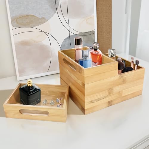 HOMESTEAD 3-Piece Stackable Bamboo Storage Box, Large Storage Bin, Wooden Boxes for Makeup Drawer Organizer Bathroom, Office Supplies, Kitchen Utensils, Bamboo Storage Containers (Medium) - Image 2