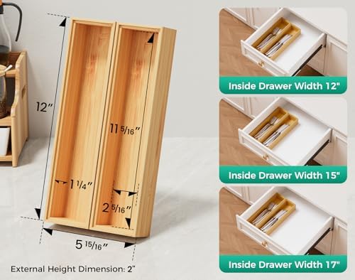 Bamboo Kitchen Drawer Organizer Boxes 12" x 3" Stackable Wooden Organizers - Image 2