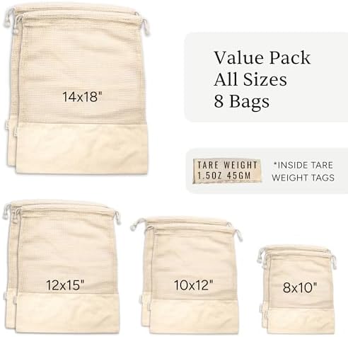 LEAFICO Reusable Produce Bags – 100% Cotton Mesh & Solid Hybrid (Mixed Sizes 8 Pcs – S/M/L/XL) – Multi-Use Grocery & Storage Bags for Fruit, Vegetables, Toys, Clothes, Travel – Washable, Zero Waste - Image 2
