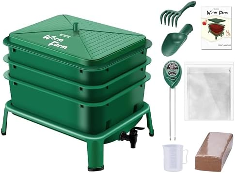 Blütezeit 3-Tray Worm Composter, 32QT Worm Farm with Compost Worms Starter Kit for Indoor & Outdoor, Worm Composting Bin for Recycling Food Waste (Green) by Bl%C3%BCtezeitGateSystems