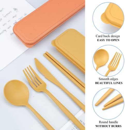 DISSKNIC Reusable Utensils Set with Case, 6 Sets Travel Utensils with Case, Wheat Straw Portable Cutlery Set Chopsticks Knives Fork and Spoon for Lunch Box Accessories - Image 4