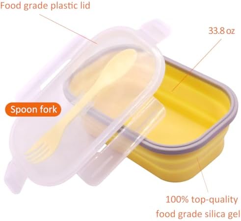 2 Pack Collapsible Silicone Bento Lunch Boxes With Lids Spoon Fork, 33.8oz, Meal Prep Food Storage Containers, Durable, Safe in Microwave, Dishwasher and Freezer, BPA Free (Yellow and Pink) - Image 2