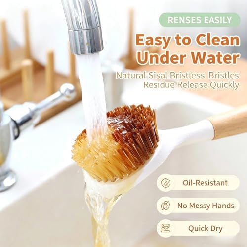 3pcs Wooden Dish Brush,Natural Sisal Bristle Kitchen Scrubber | Short Medium Long Wood Handle Brush,Eco Friendly Non Scratch Pot Cleaner (3‑Pack Long Round‑Head) - Image 3