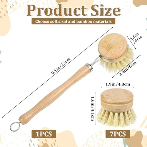 8 Pcs Bamboo Dish Brush with Handle, Natural Sisal Bristle Scrubber Includes 7 Replacement Brush Heads Wooden Kitchen Dish Brushes for Pots, Pans, Bowls, Dishes Cleaning - Image 2
