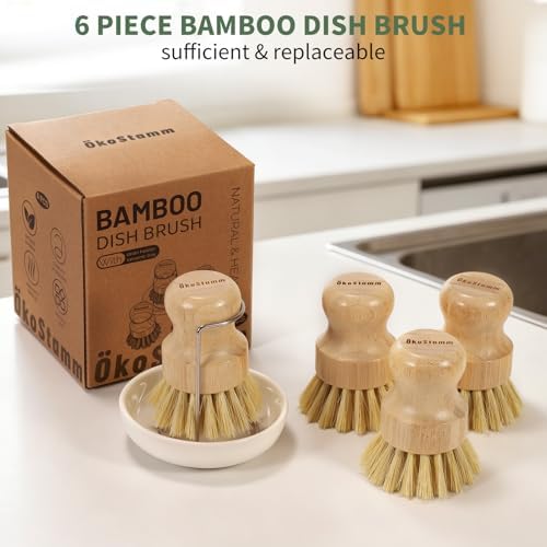 6 PCS Bamboo Dish Brush Set - Natural Scrub Brush for Dish with Tray and Drain Holder, Wooden Dish Scrubber for Kitchen Cleaning Dishes, Pots, Pans and Vegetables (6) - Image 7
