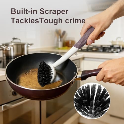 Dish Brush, 2 Pack with Comfortable Handle, with Built-in Scraper, Scrub Brush with Medium Firm bristles for Cleaning Dishes, Sink, Pots (Brown) - Image 5