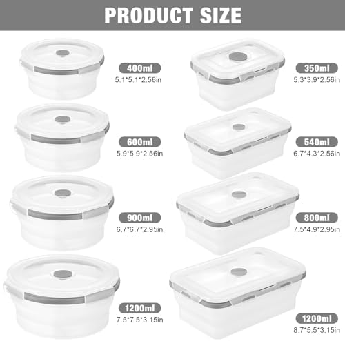 Dandat 12 Silicone Collapsible Food Storage Containers Foldable Silicone Lunch Container 6 Rectangle and 6 Round Airtight Collapsible Bowl with Lid Set for Kitchen Microwave (Translucence Gray) - Image 2