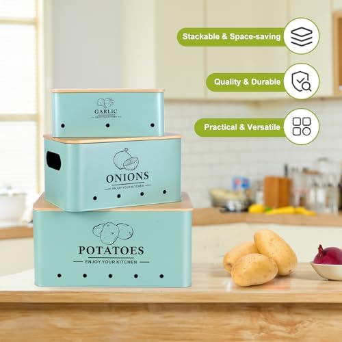 Kitchen Vegetable Storage Set of 3, Metal Onion Garlic Potato Storage Set, Kitchen Canisters Vegetable Keeper Containers with Aerating Holes and Bamboo Lid，Blue - Image 5