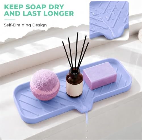 MicoYang Silicone Soap Dish with Drain Spout — Self-Draining Double Sink Organizer Tray for Kitchen & Bath, Dispensers, Sponges & Soap Holder, Non-Slip & Dishwasher Safe, Light Purple (Large, 12"×4") - Image 7
