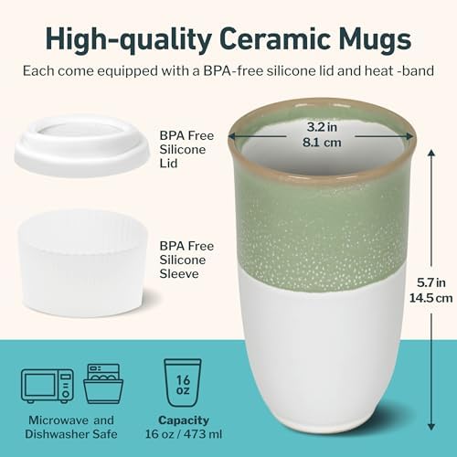 NOVA CERAMICS Travel Mug - Tea Tumbler– Microwave & Dishwasher Safe Coffee Mug Green & White Tumbler - Gifts For Women Men Him Her – 16oz – Sage Green - Image 3