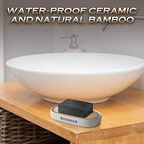 Bossman Natural Bamboo Bathroom Soap Dish w/ Premium Ceramic Base - White - Image 5