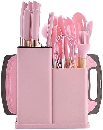 Kitchen Utensils Set & Knife Set with Block, 19 Piece All-in-One Cooking Set, 12 Nonstick Silicone Utensils + 5 Sharp Stainless Steel Chef Knives + Cutting Board, Dishwasher Safe Gift Set (Pink) by Eco+Tiger