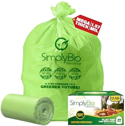 Simply Bio 30-33 Gallon Compostable Trash Bags Liners Flat-Top, Heavy Duty Extra Thick 1.57 Mil, 124.92 Liter, 30 Bags, Lawn, Yard, and Restaurant Use, ASTM D6400, US BPI, OK Compost Home Certified by SimplyBio