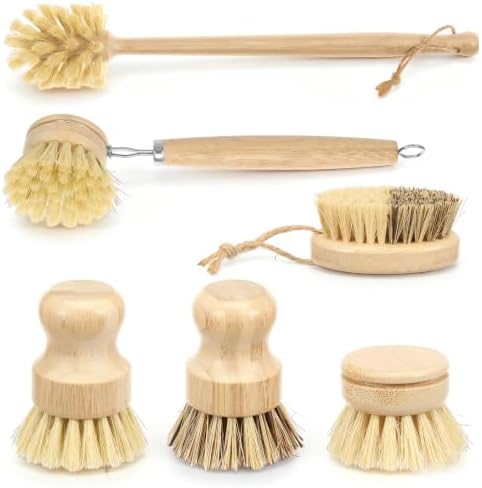 6-Piece Bamboo Dish Brush Set with Vegetable Brush Yellow by Tcwhniev