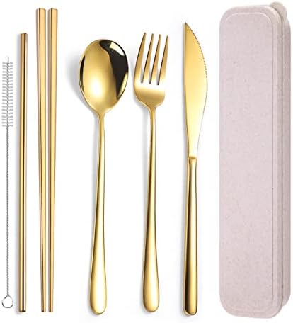 AARAINBOW 6 Pieces 18/8 Stainless Steel Flatware Set Portable Reusable Cutlery Set Travel Utensils Set Including Chopsticks Knife Fork Spoon Straws Cleaning Brush Dishwasher Safe (Golden) by AARAINBOW